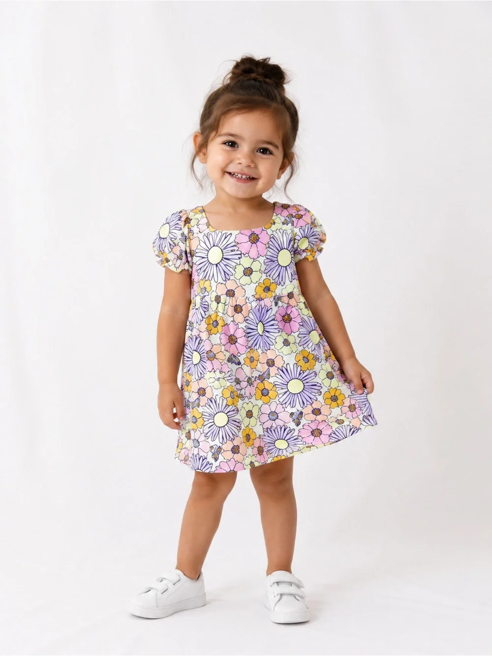 Girls floral mini dress flower floral daisy short sleeve purple pink yellow
